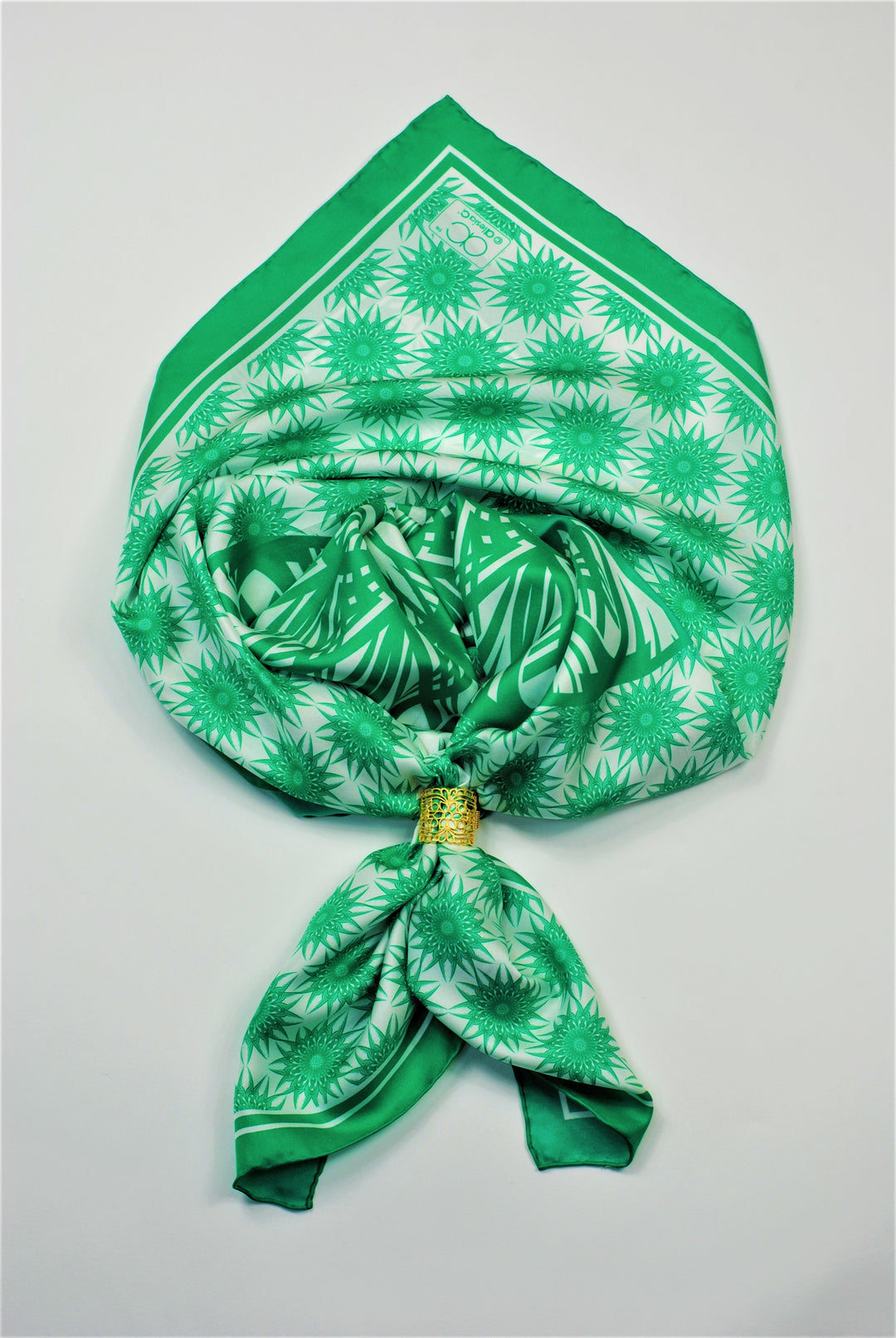 WISDOM Mandala Art Pure Silk Square Scarf in Green White by Alesia Chaika