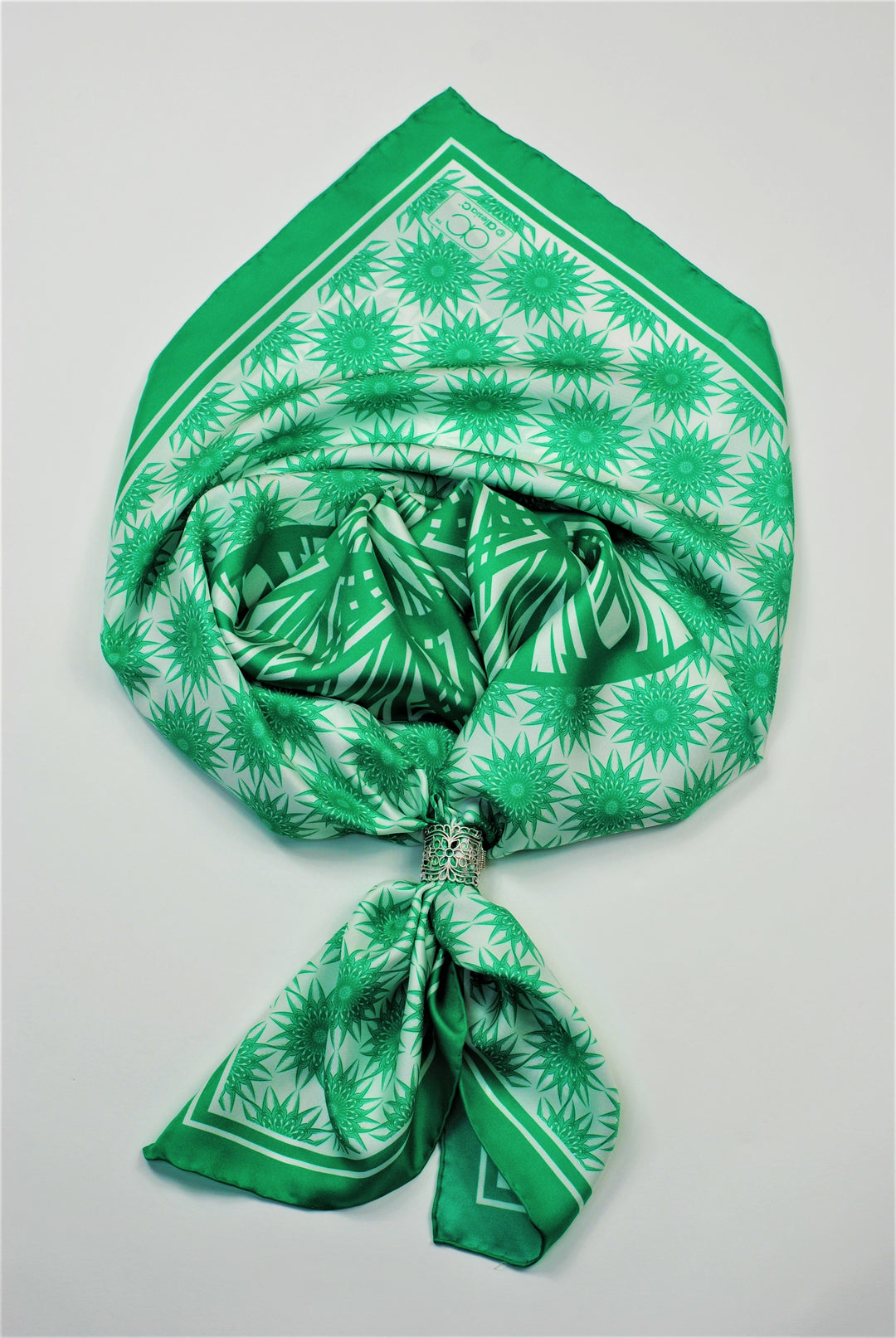 WISDOM Mandala Art Pure Silk Square Scarf in Green White by Alesia Chaika