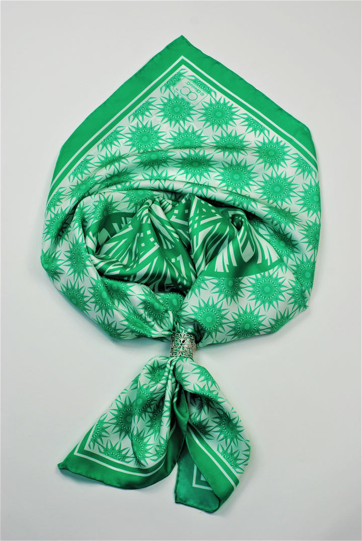 WISDOM Mandala Art Pure Silk Square Scarf in Green White by Alesia Chaika