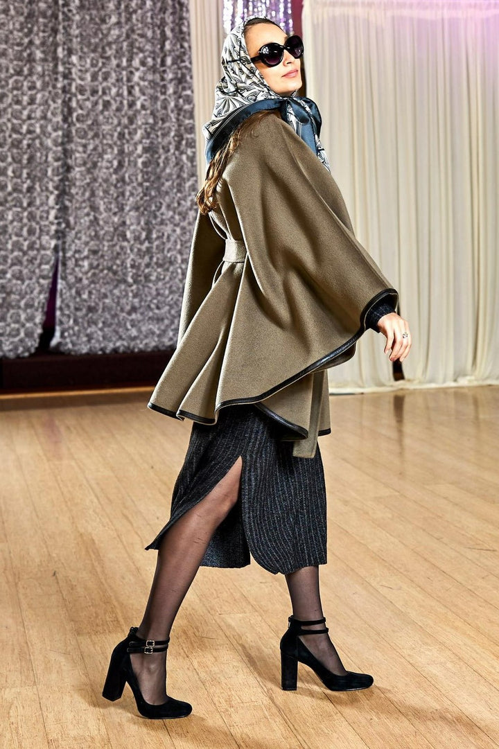 Olive Green Italian 100% cashmere wool women cape coat swing classic elegant coat by Alesia Chaika