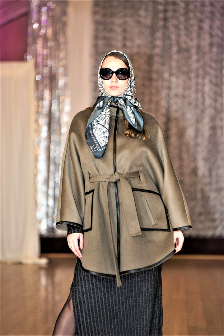 Olive Green Italian 100% cashmere wool women cape coat swing classic elegant coat by Alesia Chaika