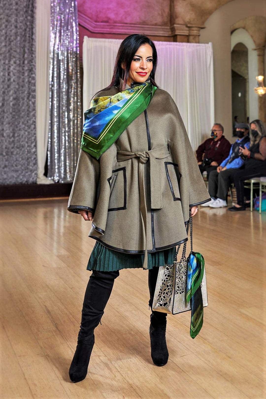Olive Green Italian 100% cashmere wool women cape coat swing classic elegant coat by Alesia Chaika
