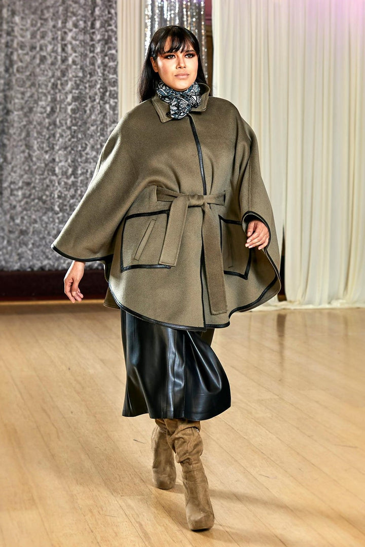 Olive Green Italian 100% cashmere wool women cape coat swing classic elegant coat by Alesia Chaika
