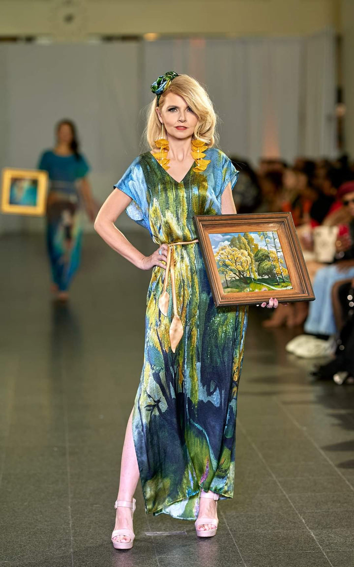 Designer Alesia C. 100% Silk Straight Caftan Slit Belted Dress in Gold Forest Green AlesiaC.com Art-A-Porte