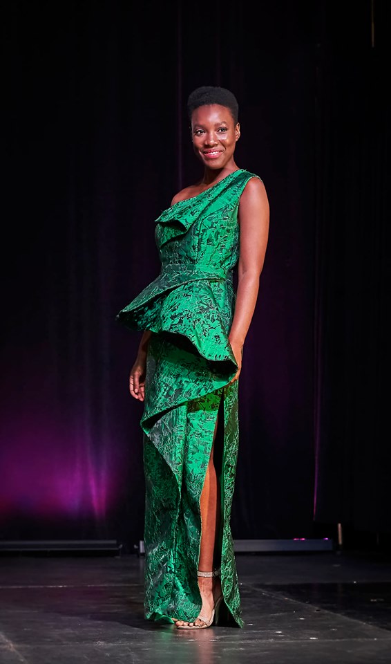 Green Jacquard Couture Dress One Shoulder Asymmetrical Flattering Mother of The Bride Evening party Gown by Alesia C. Chicago Fashion Designer Custom-made Dresses