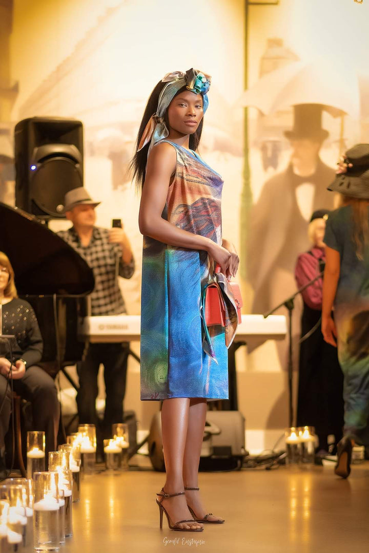 Summer Bright Midi Sleeveless Dress Wearable Art Be Grateful by artist Alesia Chaika Made In USA Featured at the Palmer House Hilton Hotel Chicago in the charity runway fashion show and artworks exhibition