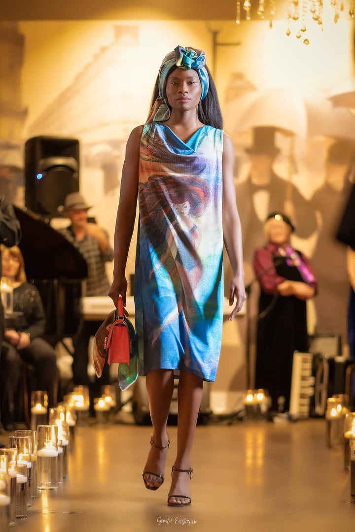 Summer Bright Midi Sleeveless Dress Wearable Art Be Grateful by artist Alesia Chaika Made In USA Featured at the Palmer House Hilton Hotel Chicago in the charity runway fashion show and artworks exhibition
