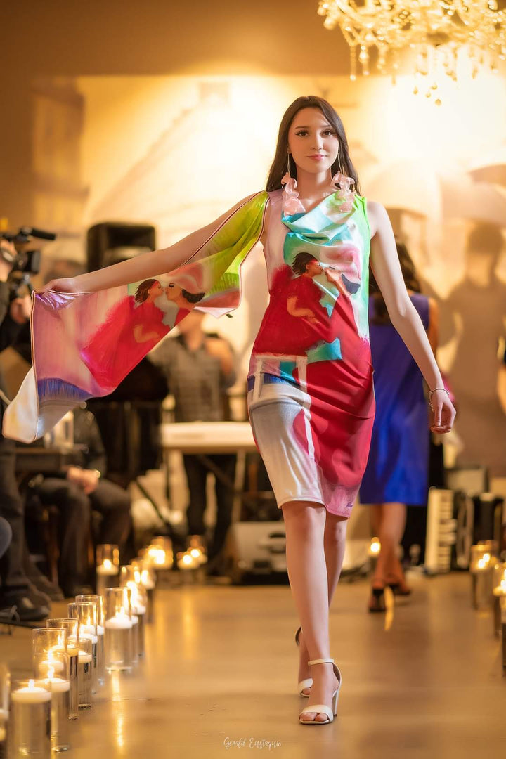 Summer Bright Midi Dress With Sleeves Wearable Art YOU ARE THE BEST by artist Alesia Chaika Made In USA Featured at the Museum Of Contemporary Art Chicago Mom and Daughter Love Story