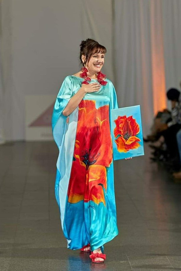 RED POPPY 100% Silk Maxi Caftan Art-A-Porte Style by Alesia Chaika AlesiaC.com