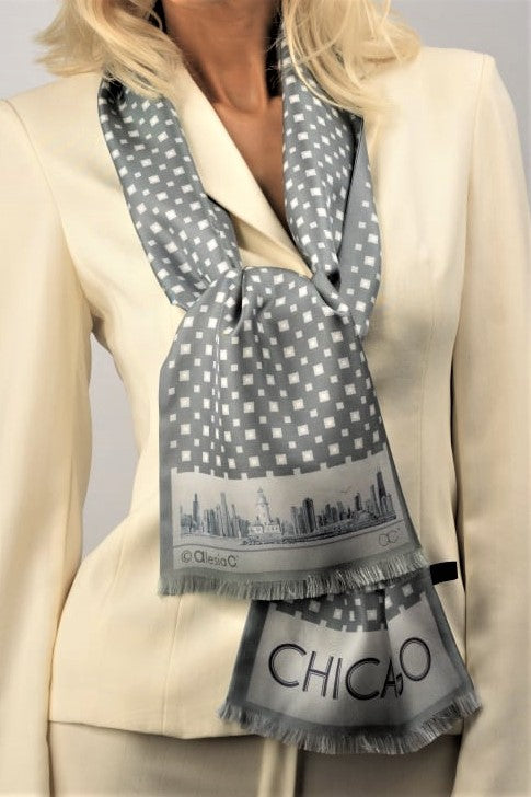 CHICAGO Skyline Art Long Pure Silk Scarf Gray White