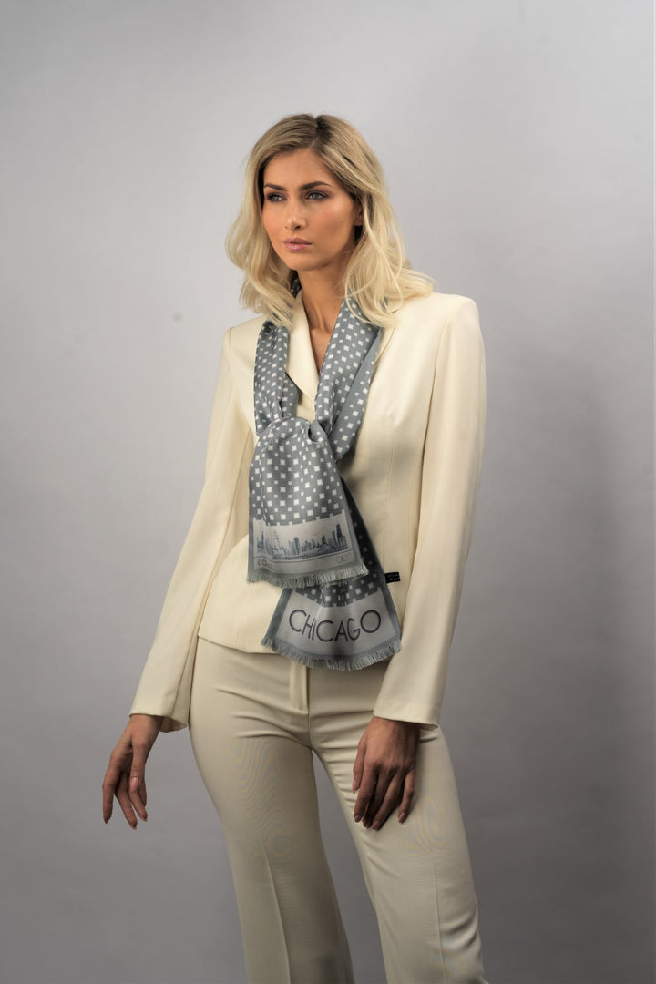 CHICAGO Skyline Art Long Pure Silk Scarf Gray White