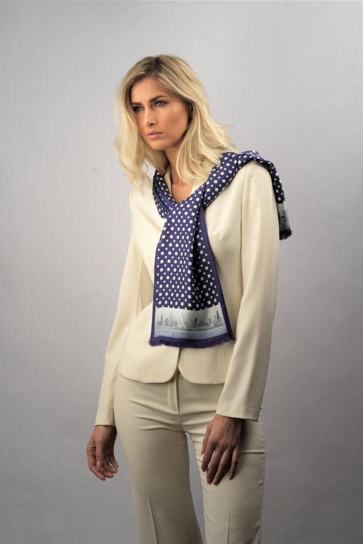 CHICAGO Skyline Art Pure Double Silk Scarf Navy Blue White Square Pattern by Alesia Chaika