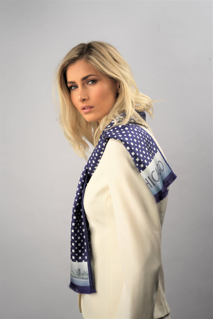 CHICAGO Skyline Art Pure Double Silk Scarf Navy Blue White