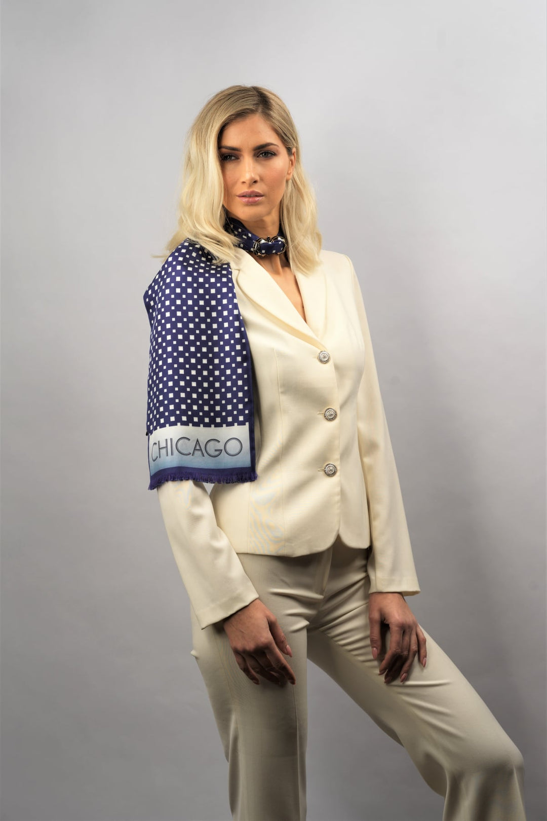 CHICAGO Skyline Art Pure Double Silk Scarf Navy Blue White Square Pattern by Alesia Chaika