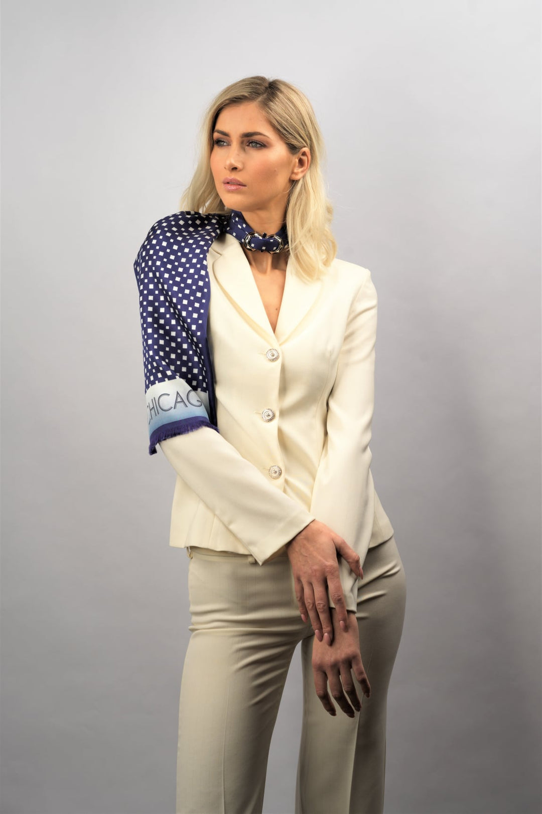 CHICAGO Skyline Art Pure Double Silk Scarf Navy Blue White Square Pattern by Alesia Chaika