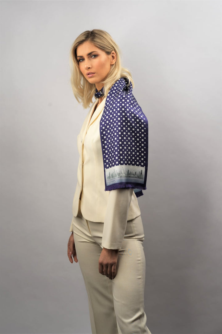 CHICAGO Skyline Art Pure Double Silk Scarf Navy Blue White Square Pattern by Alesia Chaika