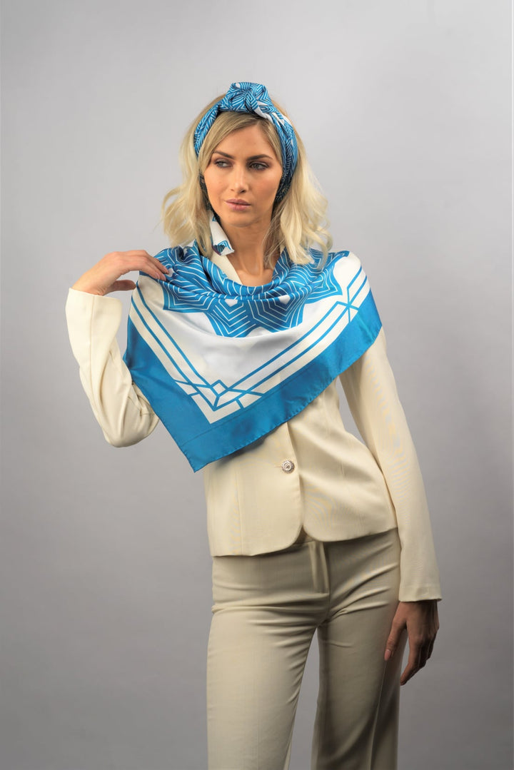 Luxury Pure silk designer scarf Belarus Cornflower SUMATRA BLUE WHITE Pure Silk Square Scarf Alesia Chaika
