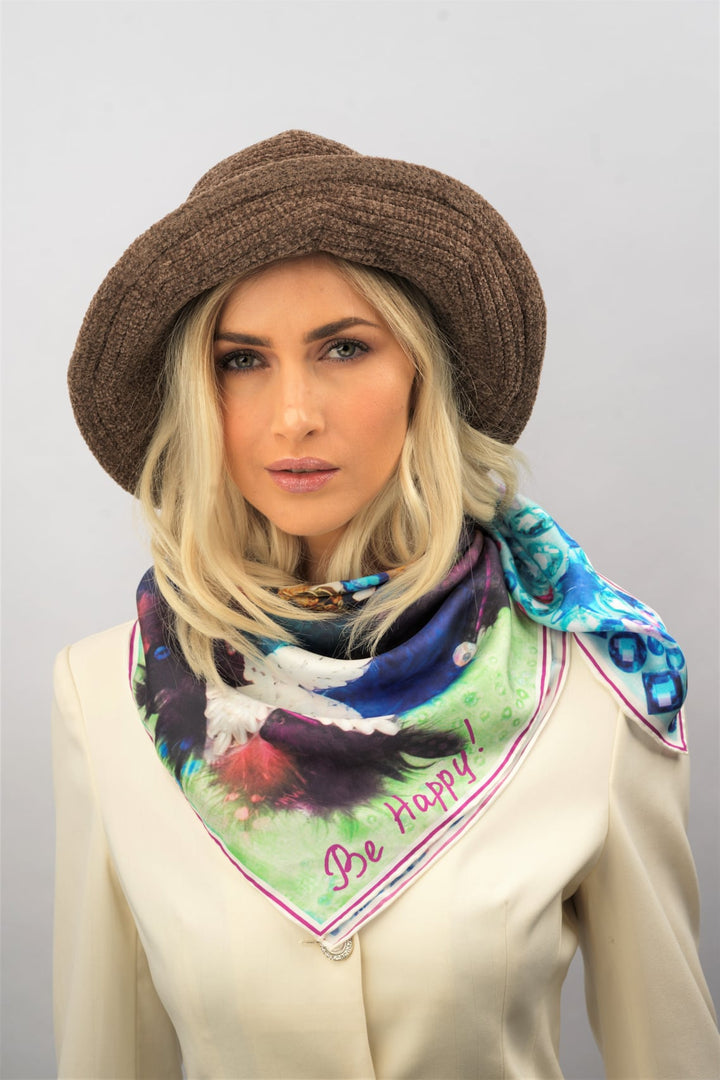 Fine Art Copy Best Gift For her BE HAPPY Wearable Art Pure Silk Scarf Bird Of happiness Bright 100% Silk Shawl by Chicago Fashion Designer Alesia Chaika