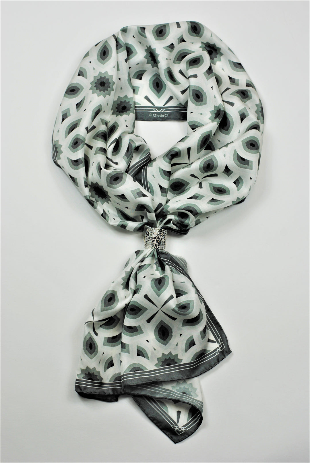 LOTUS Mandala 100% Silk Oblong Scarf in Gray White