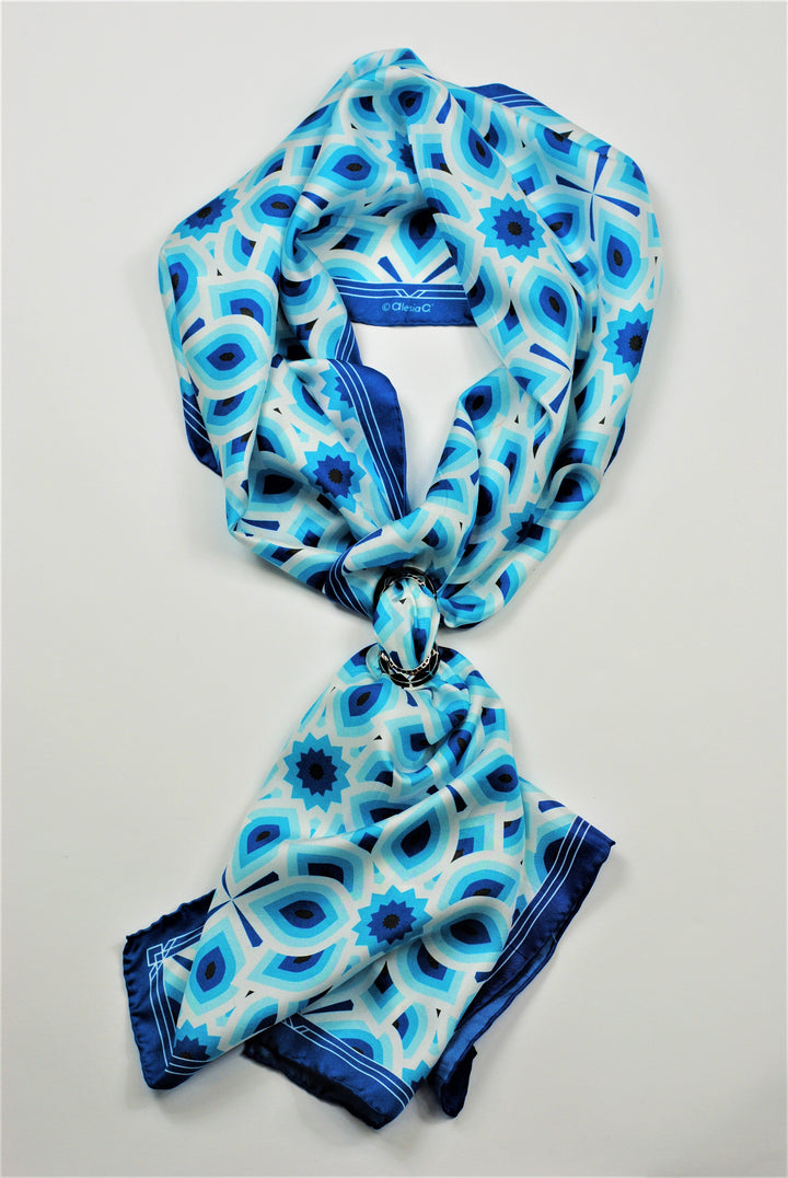 LOTUS Mandala Designer 100% Silk Long Rectangle Scarf in Blue White