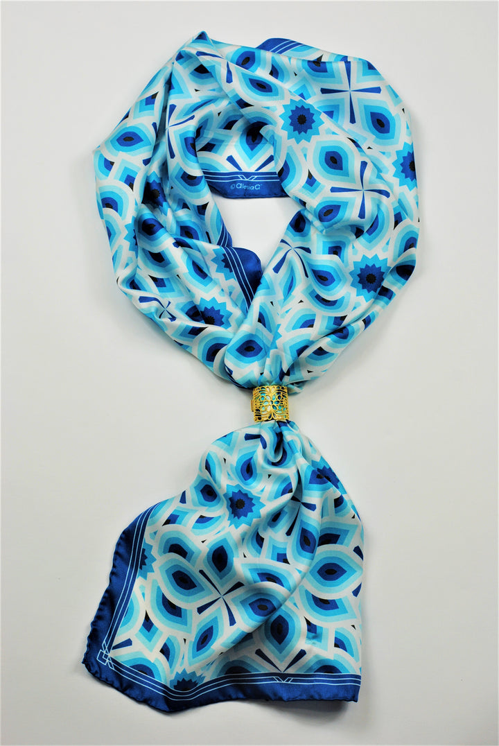 LOTUS Mandala Designer 100% Silk Long Rectangle Scarf in Blue White