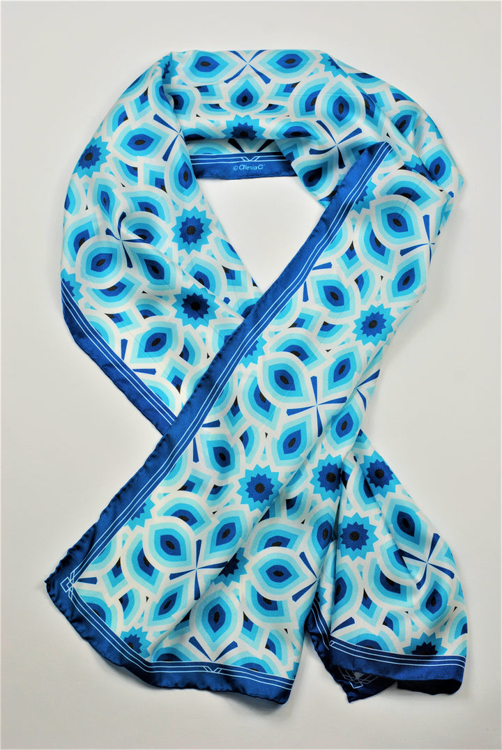 LOTUS Mandala Designer 100% Silk Long Rectangle Scarf in Blue White