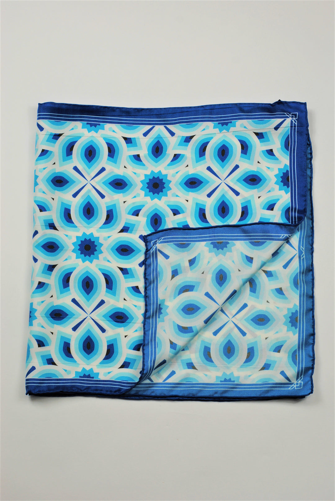 LOTUS Mandala Designer 100% Silk Long Rectangle Scarf in Blue White
