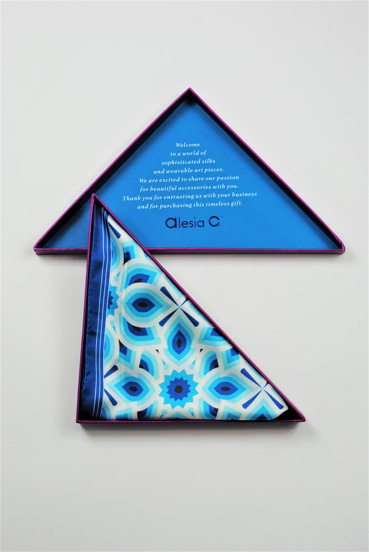 LOTUS Mandala Designer 100% Silk Long Rectangle Scarf in Blue White