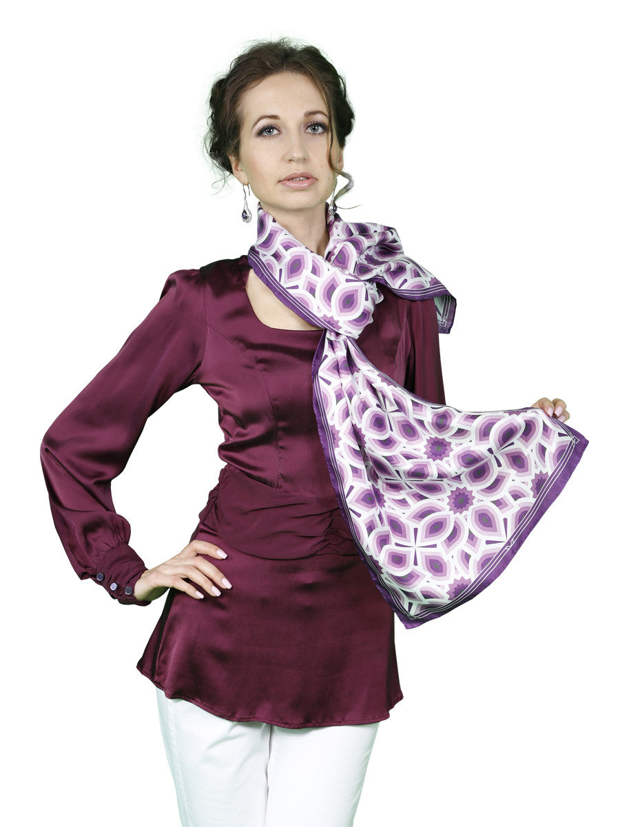 LOTUS Mandala 100% Silk Oblong Scarf in Purple White
