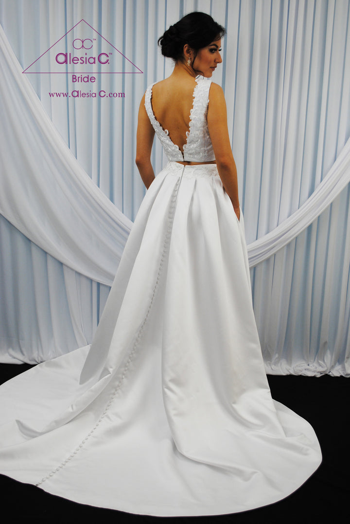 MODERNA Two-Piece Rhombus Cut-Out Front Low Back Satin Bridal Gown