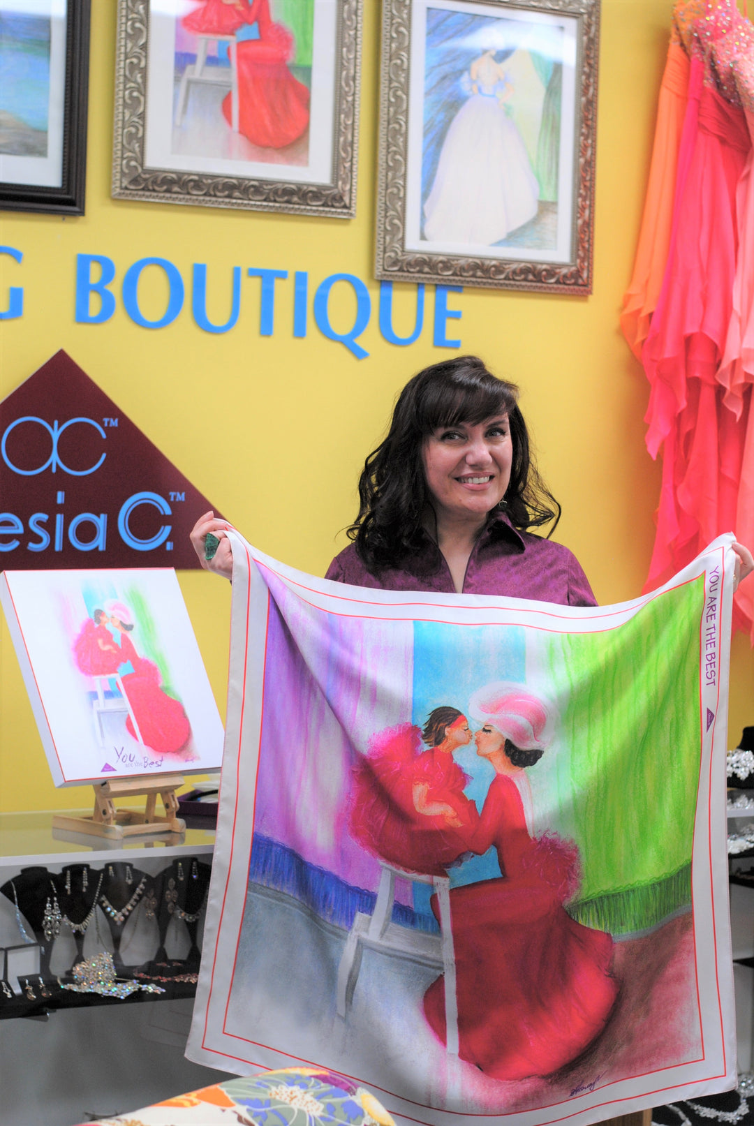 Mother and Daughter Painting Art Silk Scarf and canvas Set by Artist Alesia C. and her mom Zinaida Kalinouskaya Mom and Daughter Love Story Wall Art