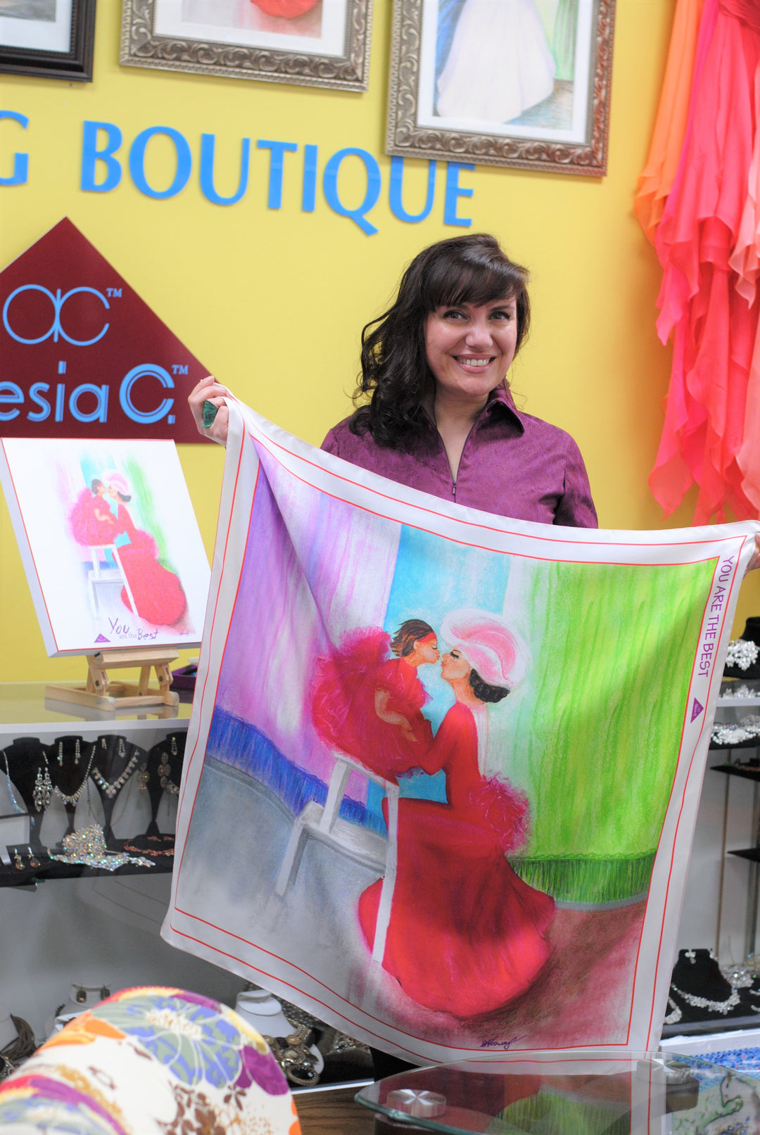 Mother and Daughter Painting Art Silk Scarf and canvas Set by Artist Alesia C. and her mom Zinaida Kalinouskaya Mom and Daughter Love Story Wall Art