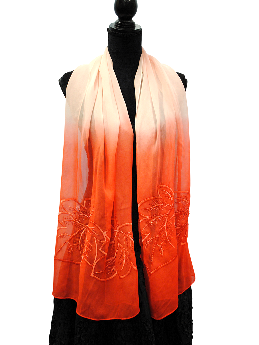 OMBRE LEAVES Embroidered 100% Silk Oblong Scarf in Red White