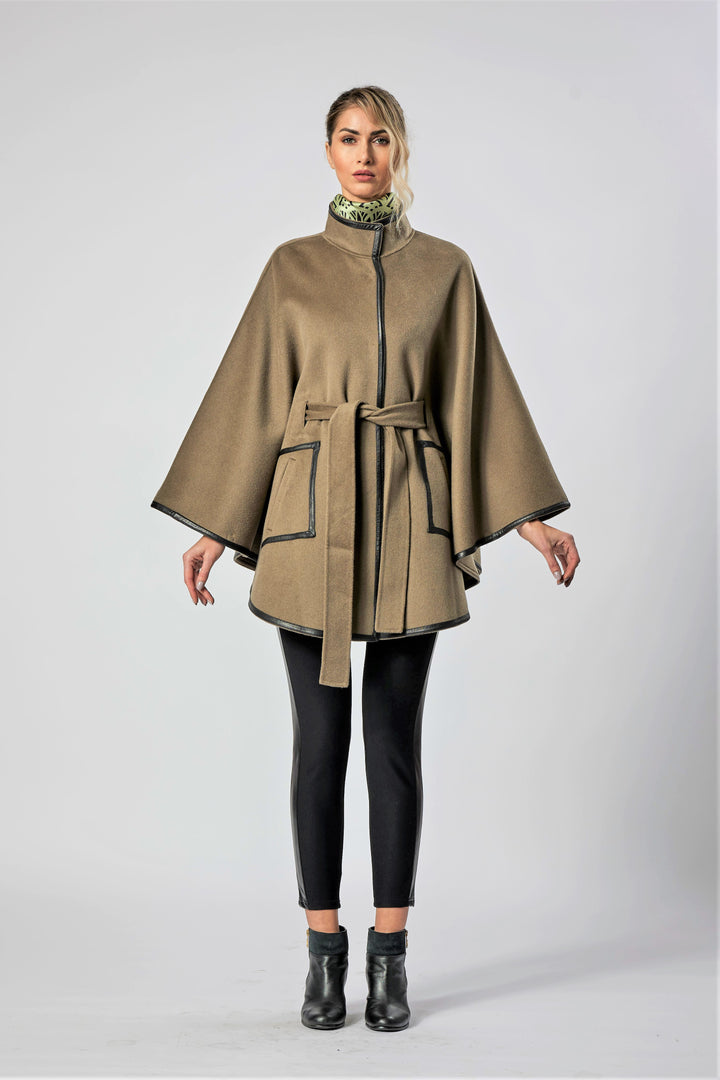 Olive Green Italian 100% cashmere wool women cape coat swing classic elegant coat by Alesia Chaika