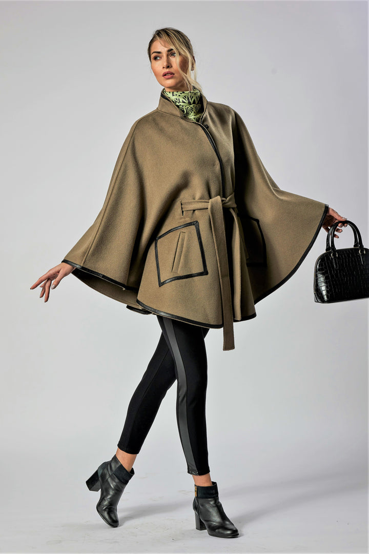 Olive Green Italian 100% cashmere wool women cape coat swing classic elegant coat by Alesia Chaika