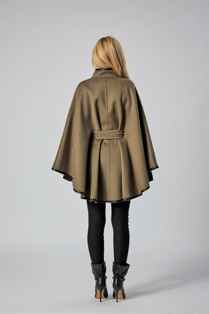 Olive Green Italian 100% cashmere wool women cape coat swing classic elegant coat by Alesia Chaika