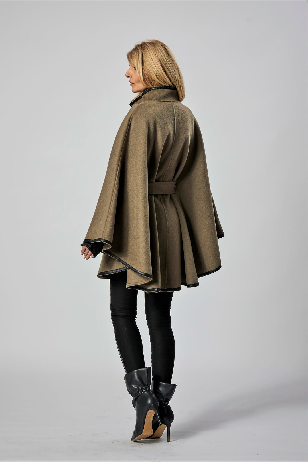 Olive Green Italian 100% cashmere wool women cape coat swing classic elegant coat by Alesia Chaika
