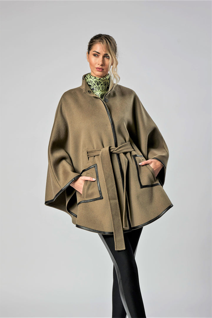 Olive Green Italian 100% cashmere wool women cape coat swing classic elegant coat by Alesia Chaika