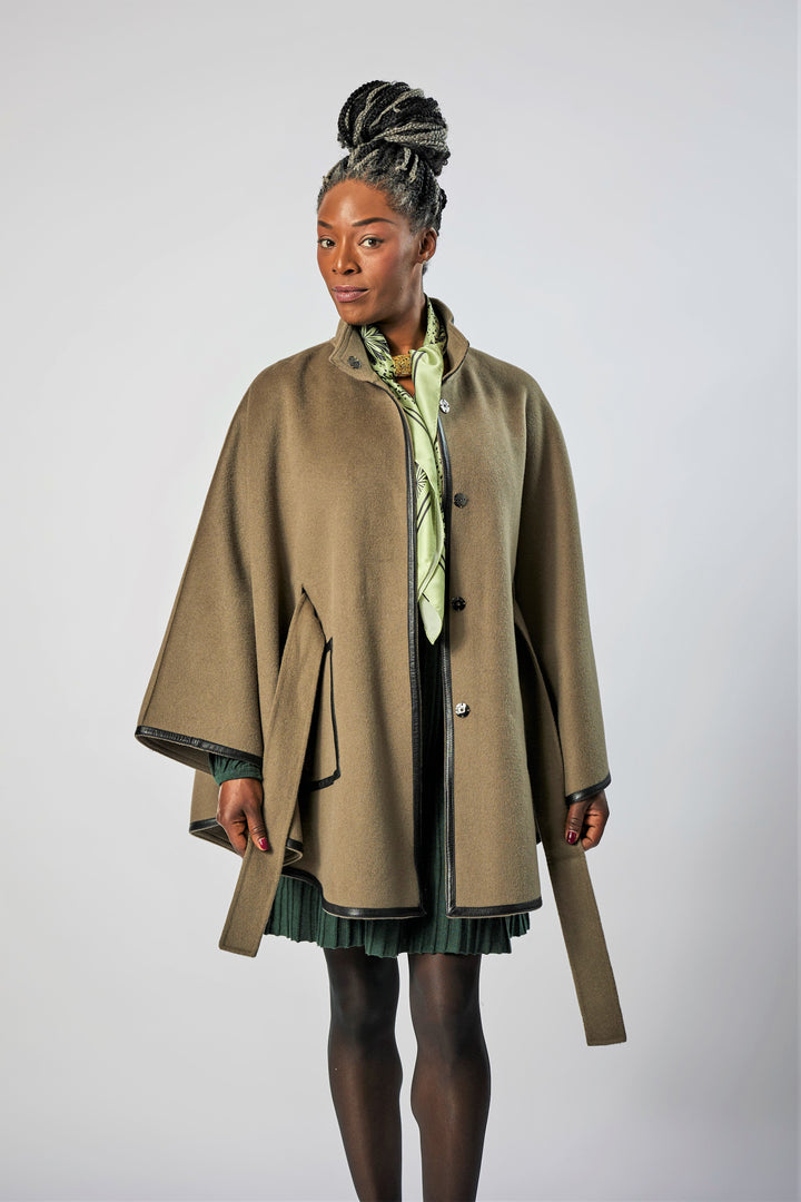 Olive Green Italian 100% cashmere wool women cape coat swing classic elegant coat by Alesia Chaika
