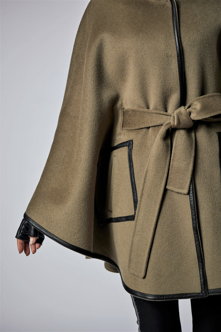 Olive Green Italian 100% cashmere wool women cape coat swing classic elegant coat by Alesia Chaika