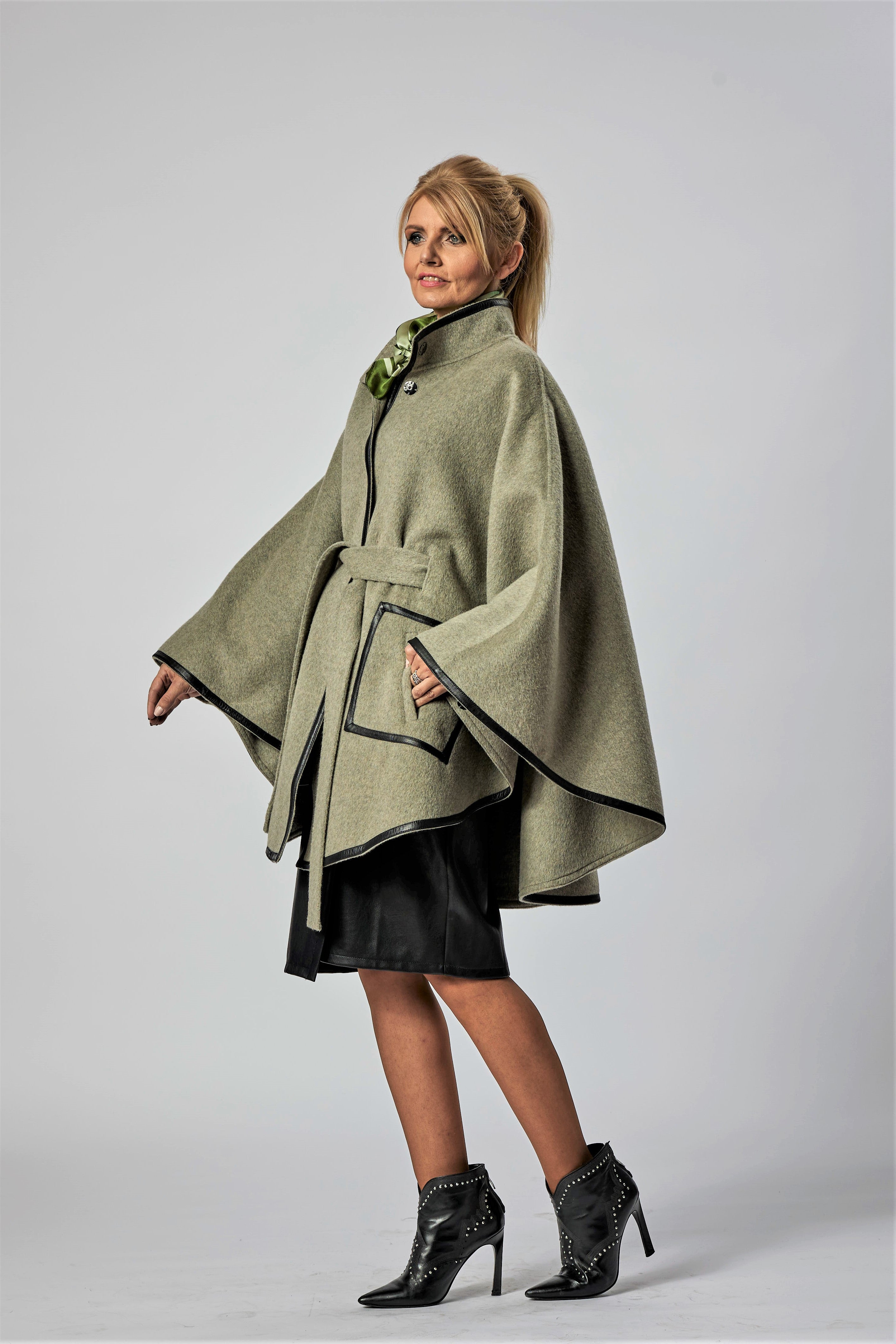 Kimono Sage Wool & Alpaca Cape Coat with Black Leather Trim – Alesia C