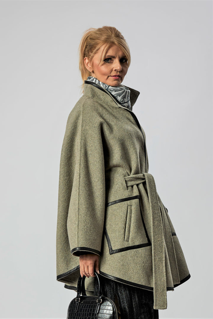Pistachio Sage Italian 100% cashmere wool women cape coat swing classic elegant coat by Alesia Chaika