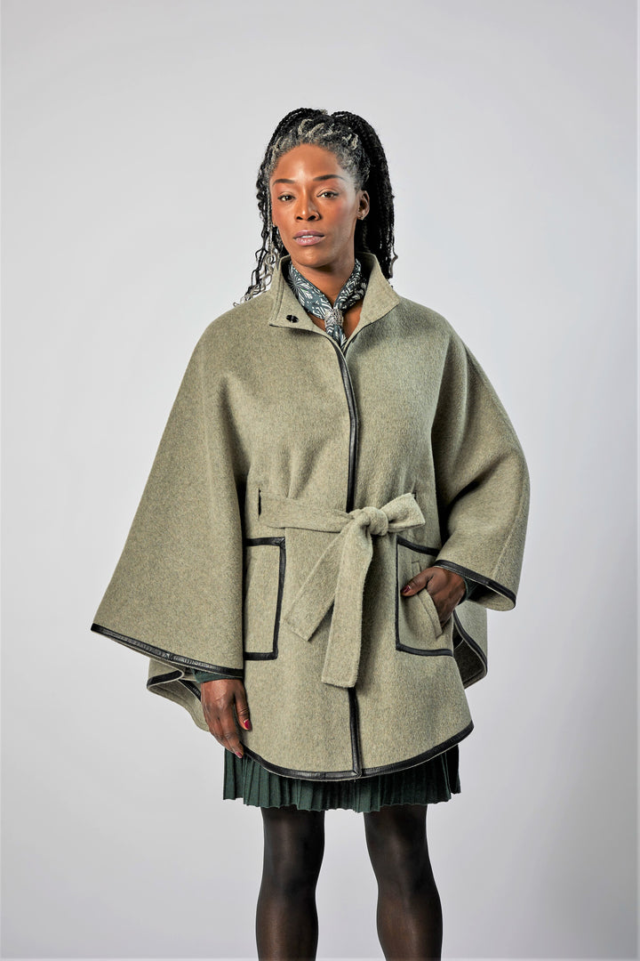 Pistachio Sage Italian 100% cashmere wool women cape coat swing classic elegant coat by Alesia Chaika