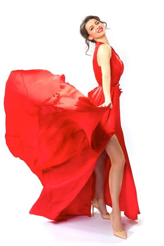 ZORIA Couture Red 100% Silk A-Line Long Gown With Slit by Alesia Chaika