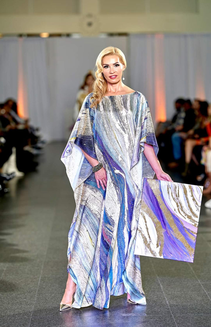 Purple Gold Modern Abstract Print designer pure silk caftan dress and scarves Wearable Art by Alesia Chaika  Presented At The Museum Of Contemporary Art Of Chicago Fashion Show