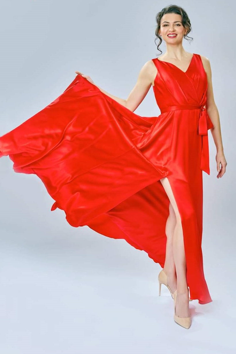 ZORIA Couture Red 100% Silk A-Line Long Gown With Slit by Alesia Chaika