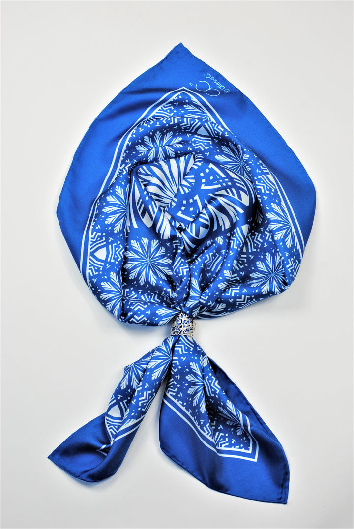 SERENITY Mandala Art Pure Silk Scarf in Blue White Alesia C.