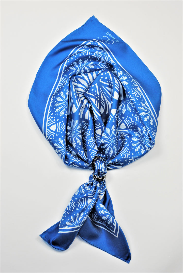 SERENITY Mandala Art Pure Silk Scarf in Blue White Alesia C.
