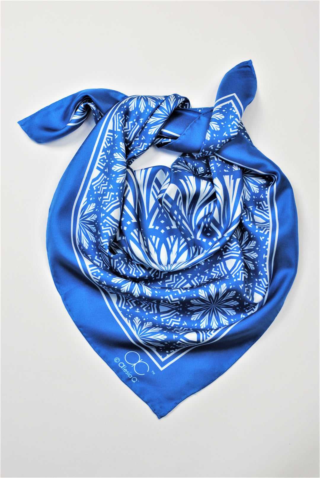 SERENITY Mandala Art Pure Silk Scarf in Blue White Alesia C.