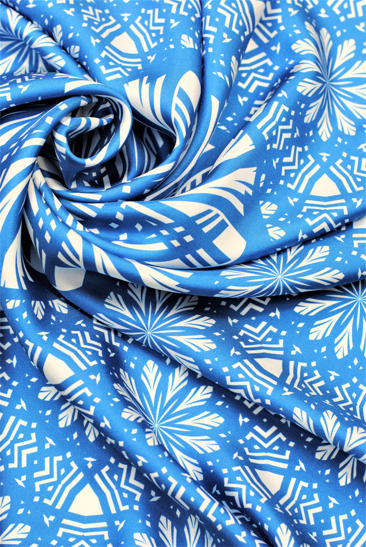 Royal Blue SERENITY Mandala Art Pure Silk Scarf in Blue White Alesia C.